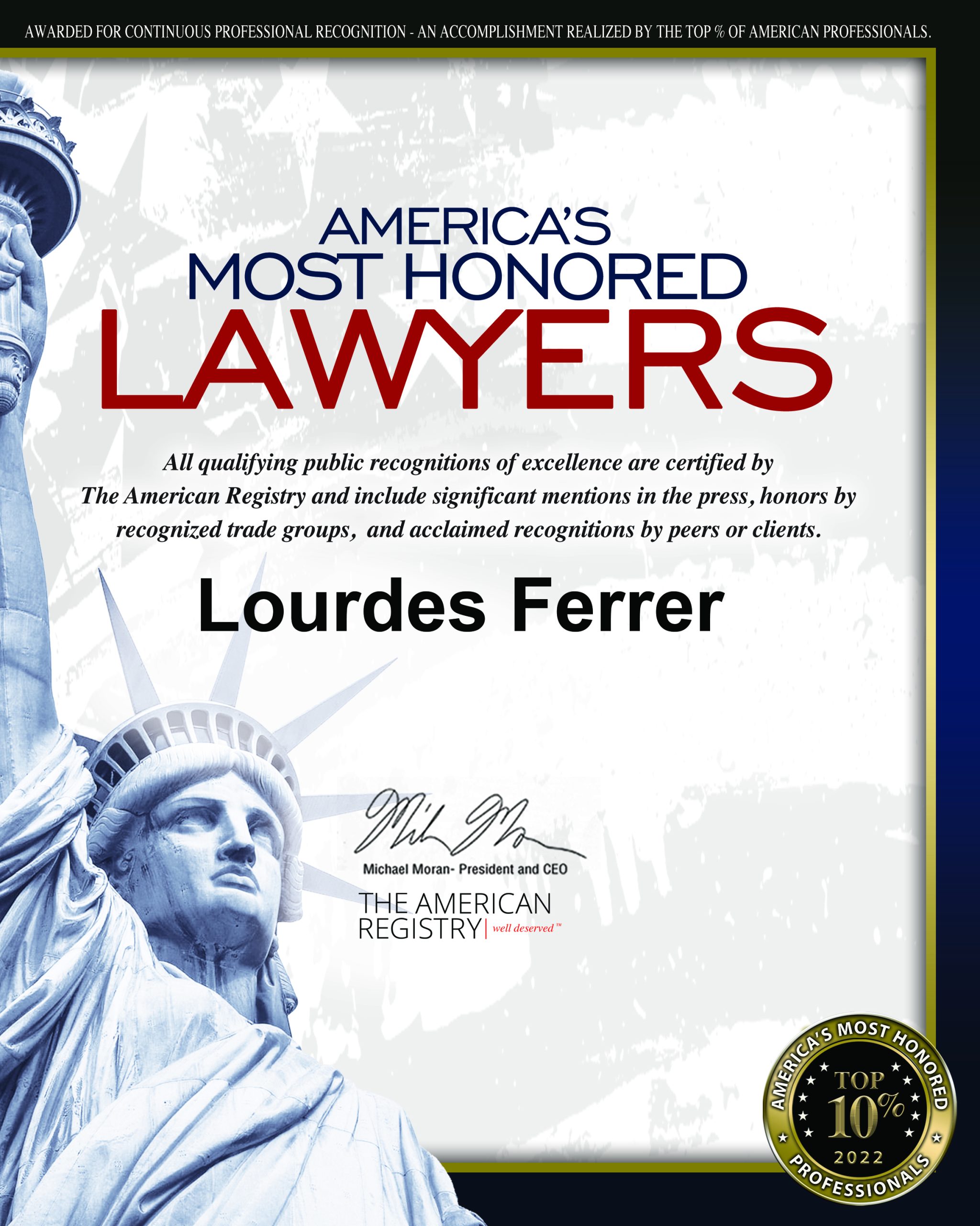 America's most honored Lawyers awarded to Lourdes Ferrer
